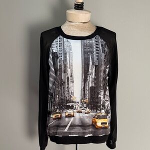 Elie Tahari Black Cityscape Long Sheer Sleeve Blouse